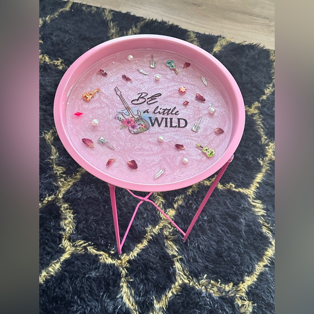 Handmade epoxy resin side table. Guitars, pearls & real rose petals